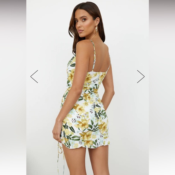 Green & Yellow Floral Satin Ruched Dress - Picture 5 of 12